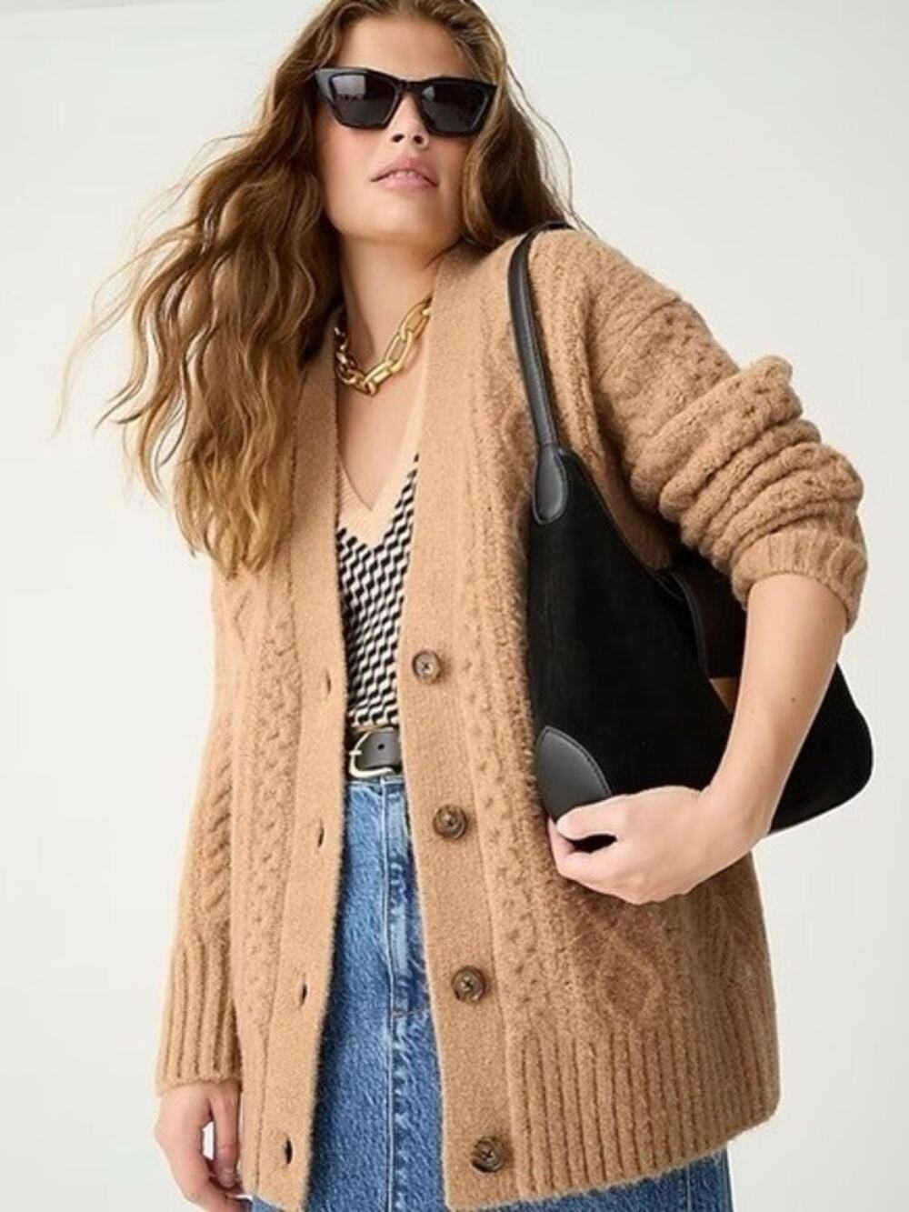 J. Crew Chunky Cable Knit Stretch Cardigan Merino Wool Sweater Tan Oversized